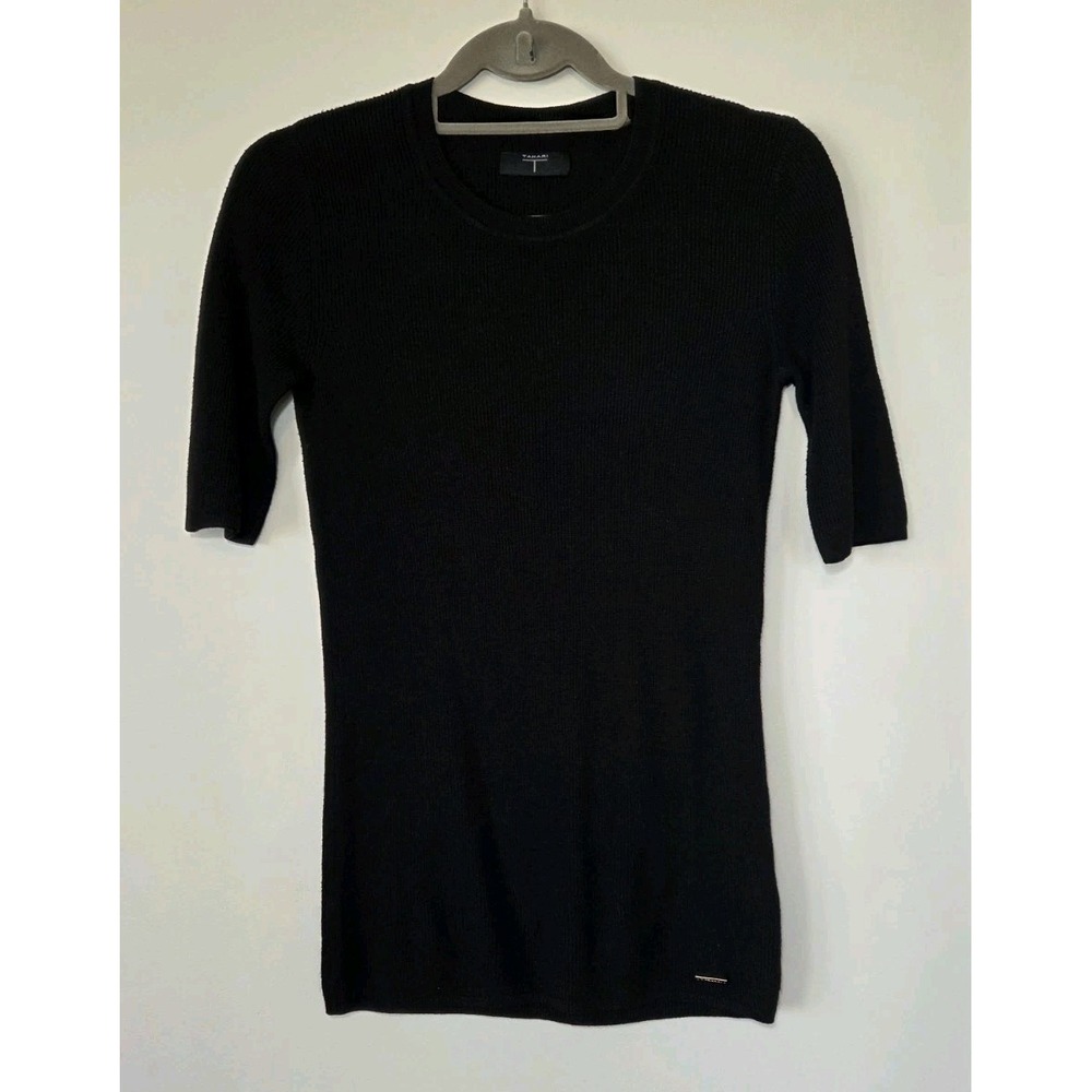 T Tahari Women Black Thin Knit Sweater XS Short Sleeves Minimalist Ribbed